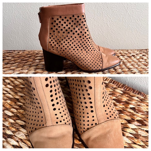 Rebecca Minkoff Camel Perforated Leather Back Zip booties ankle boots heels 8 - Picture 1 of 8